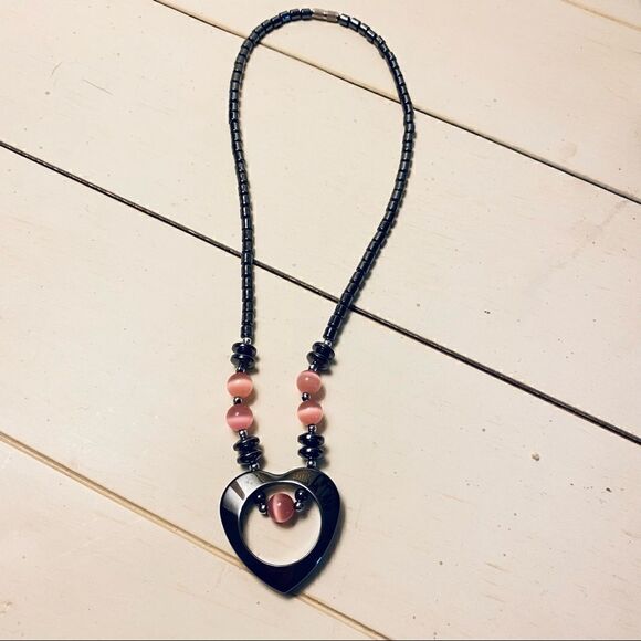 NEW 18” HEMATITE OPEN HEART W/ROSE QUARTZ STONE NECKLACE - Picture 6 of 14